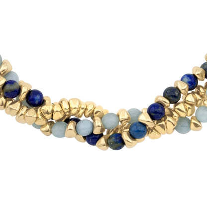 Collar de 58cm de piel natural de borrego en trenza redonda de 4 hilos, con piedras semipreciosas 8mm, con semillas en baño de oro de 22K - Joyería y bisutería fina