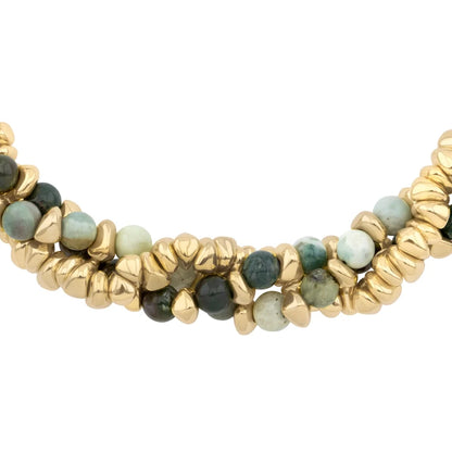 Collar de 58cm de piel natural de borrego en trenza redonda de 4 hilos, con piedras semipreciosas 8mm, con semillas en baño de oro de 22K - Joyería y bisutería fina