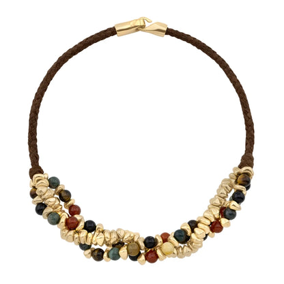 Collar de 58cm de piel natural de borrego en trenza redonda de 4 hilos, con piedras semipreciosas 8mm, con semillas en baño de oro de 22K - Joyería y bisutería fina