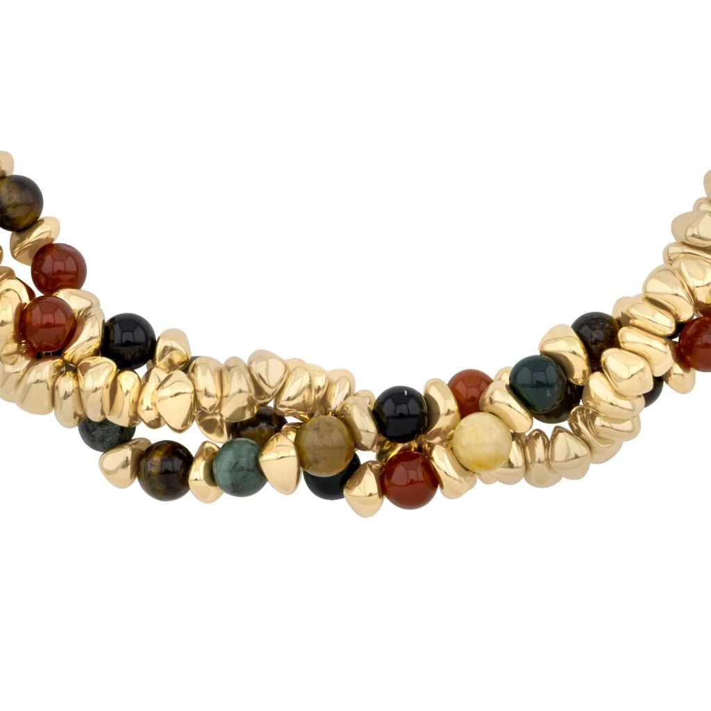 Collar de 58cm de piel natural de borrego en trenza redonda de 4 hilos, con piedras semipreciosas 8mm, con semillas en baño de oro de 22K - Joyería y bisutería fina