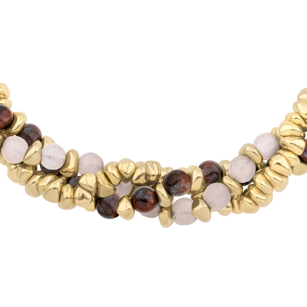 Collar de 58cm de piel natural de borrego en trenza redonda de 4 hilos, con piedras semipreciosas 8mm, con semillas en baño de oro de 22K - Joyería y bisutería fina
