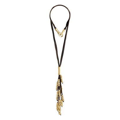 Collar de 63cm de piel natural de borrego, con 11 hilos de piel y semillas en baño de oro de 22K - Joyería y bisutería fina