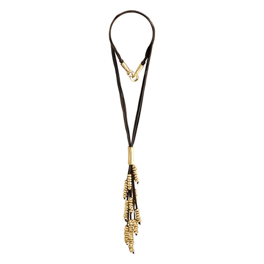 Collar de 63cm de piel natural de borrego, con 11 hilos de piel y semillas en baño de oro de 22K - Joyería y bisutería fina