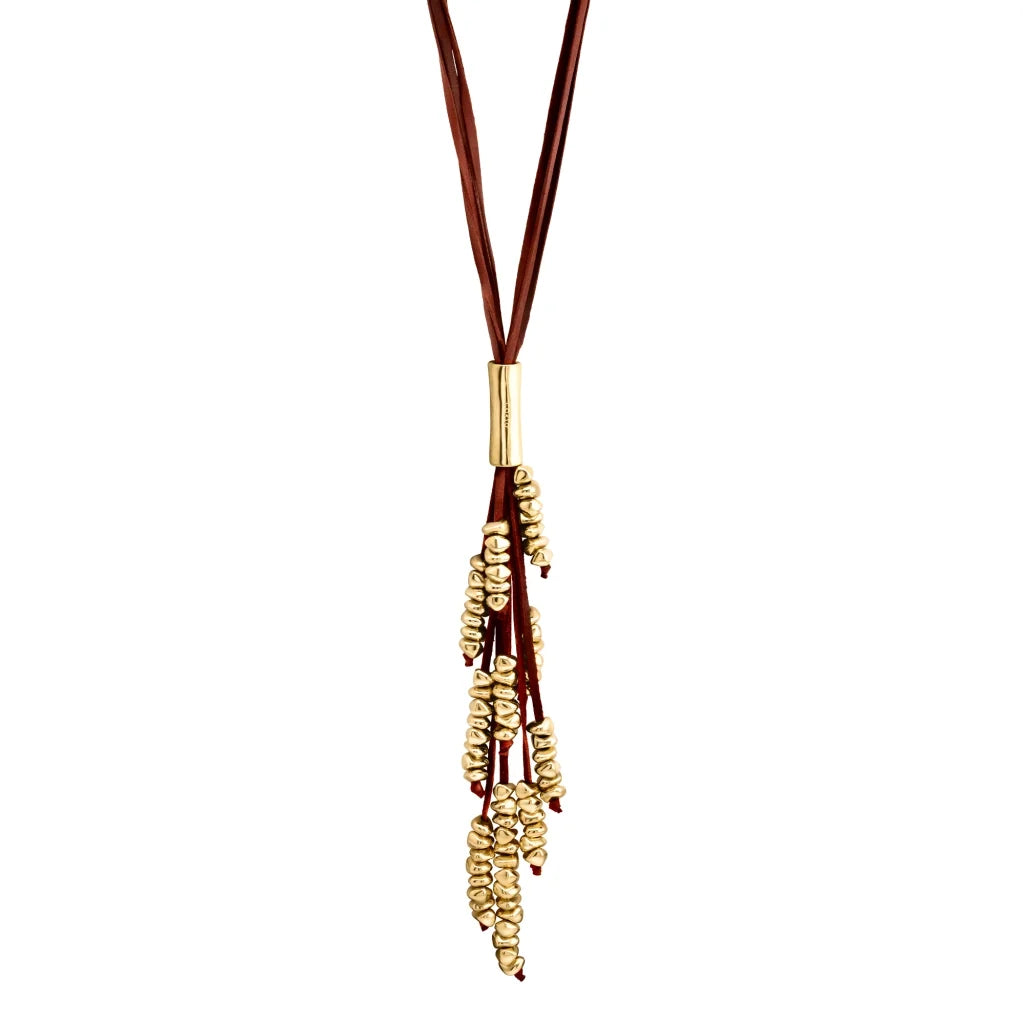Collar de 63cm de piel natural de borrego, con 11 hilos de piel y semillas en baño de oro de 22K - Joyería y bisutería fina