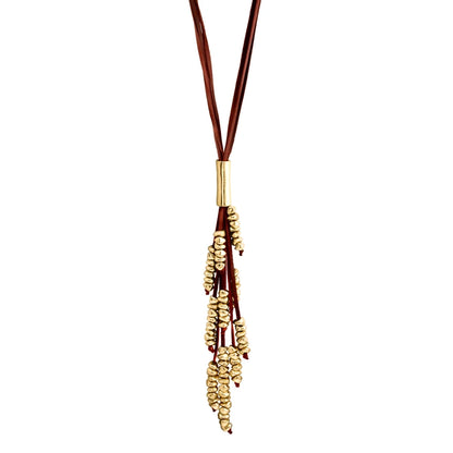 Collar de 63cm de piel natural de borrego, con 11 hilos de piel y semillas en baño de oro de 22K - Joyería y bisutería fina