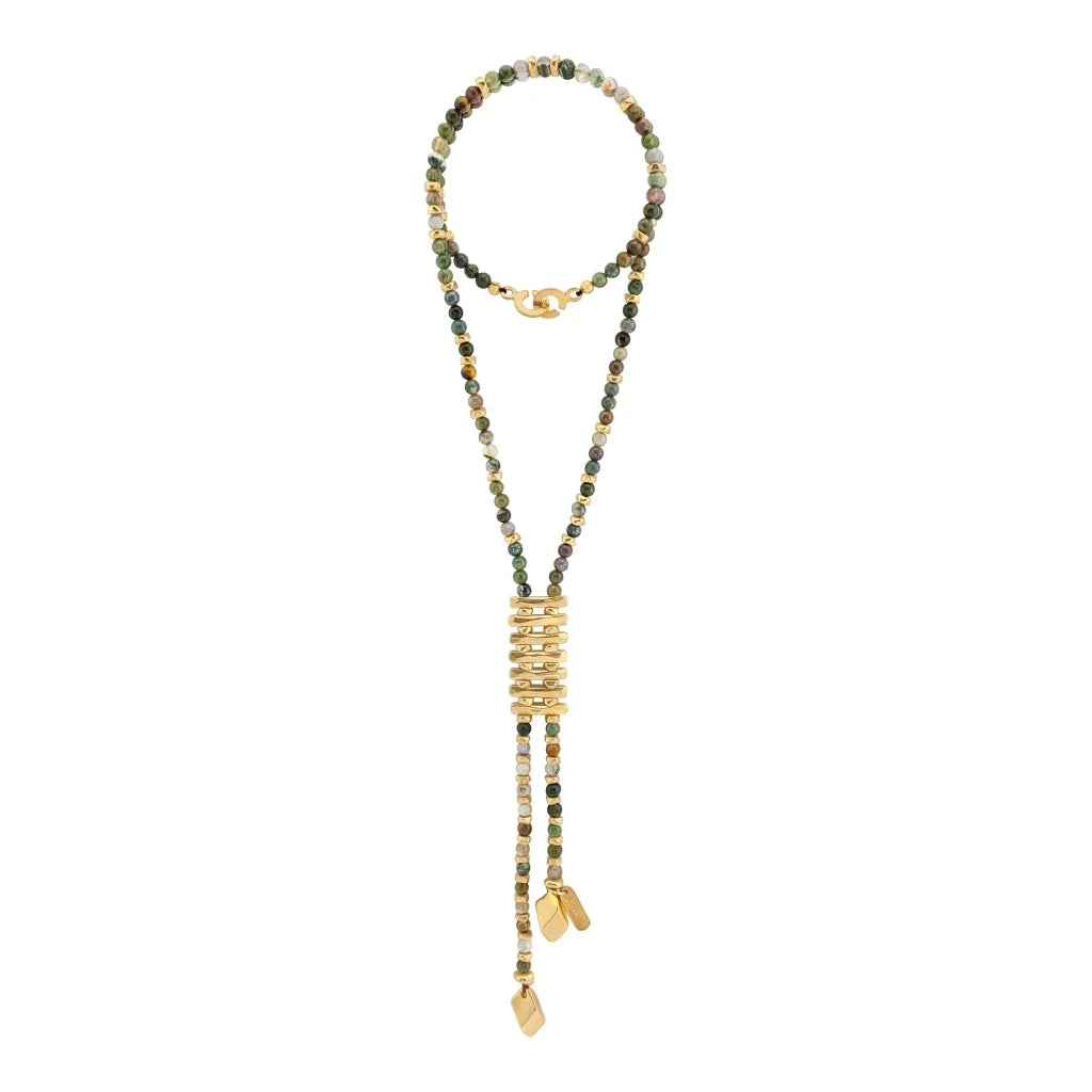 Collar de 54cm con piedras de 6mm, 2 rombos dorados, donas doradas - Joyería y bisutería fina