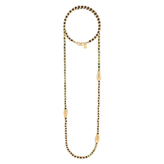 Collar corbatín con piedras de 4mm, con mini semillas y 3 peces koi dorados - Joyería y bisutería fina