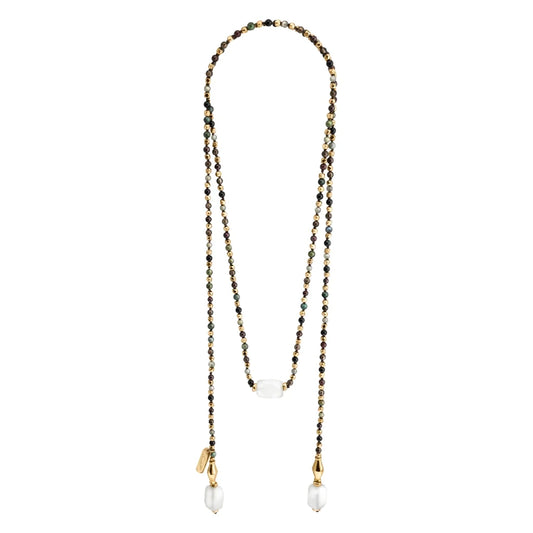 Collar corbatín con piedras de 4mm, 3 cuarzos blancos chunky, con mini cubos dorados - Joyería y bisutería fina