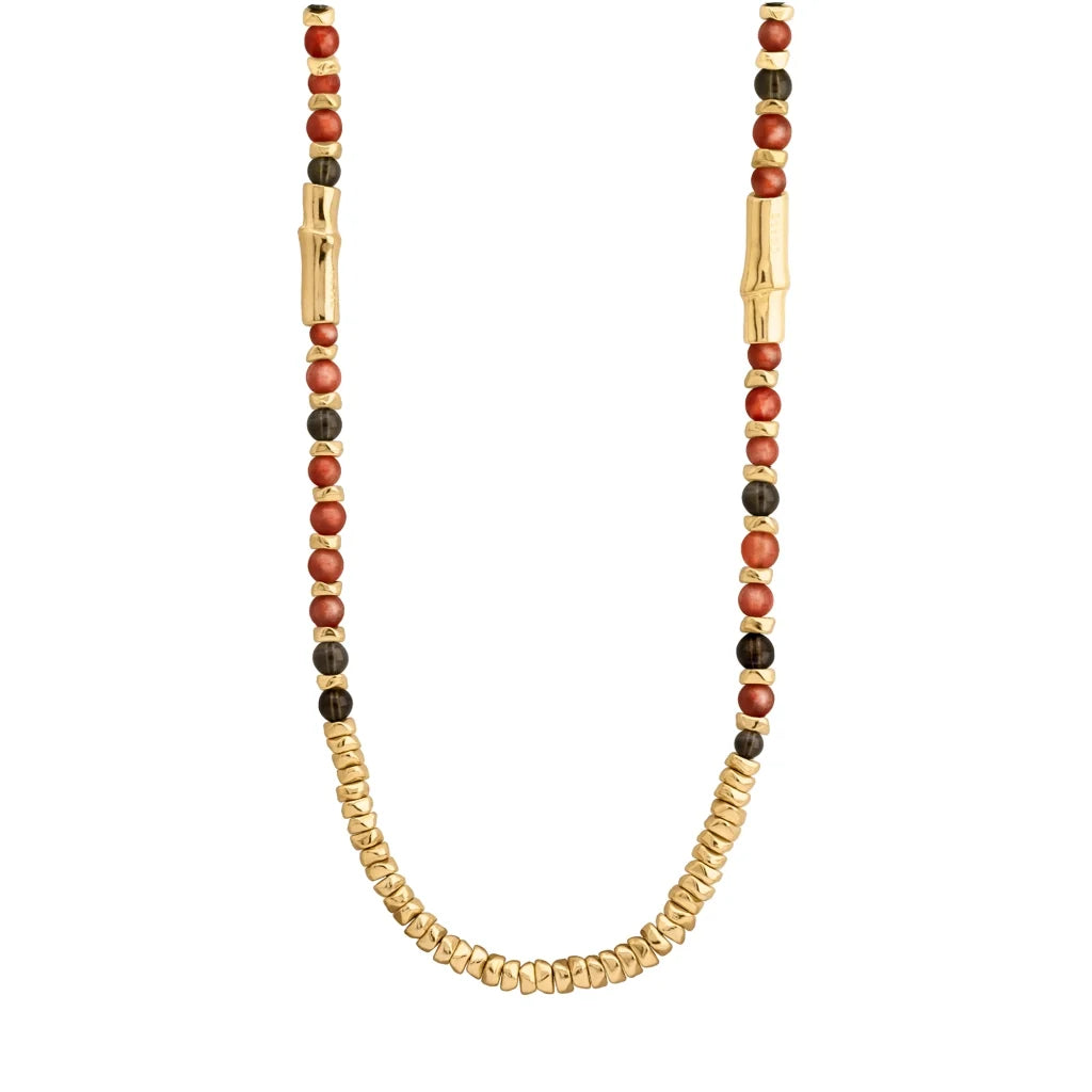 Collar de 114cm, en baño de oro 22K, con secuencias de piedras de 6mm y cuatro piezas con forma de bambú - Joyería y bisutería fina