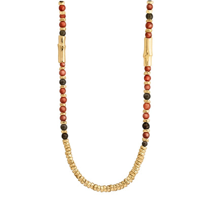 Collar de 114cm, en baño de oro 22K, con secuencias de piedras de 6mm y cuatro piezas con forma de bambú - Joyería y bisutería fina