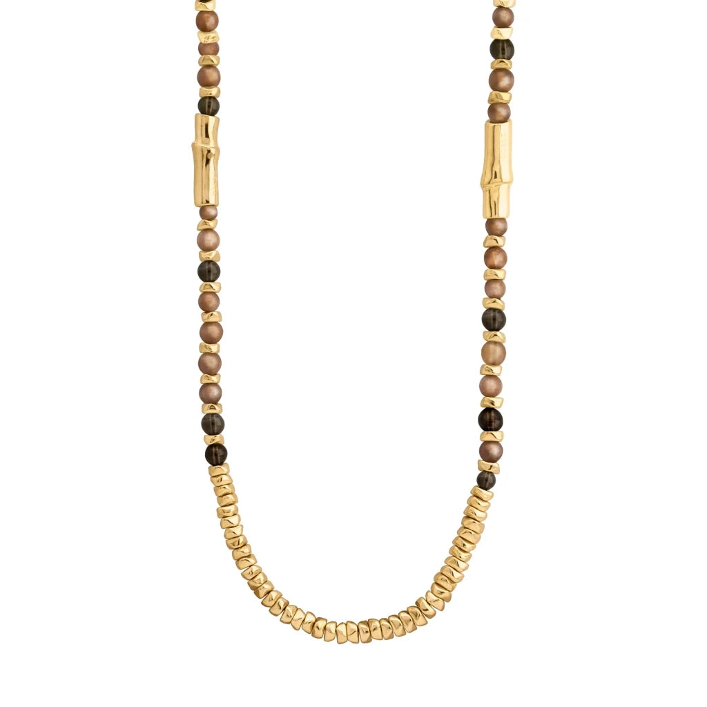 Collar de 114cm, en baño de oro 22K, con secuencias de piedras de 6mm y cuatro piezas con forma de bambú - Joyería y bisutería fina