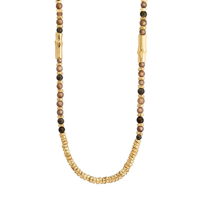 Collar de 114cm, en baño de oro 22K, con secuencias de piedras de 6mm y cuatro piezas con forma de bambú - Joyería y bisutería fina
