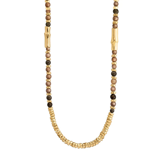 Collar de 114cm, en baño de oro 22K, con secuencias de piedras de 6mm y cuatro piezas con forma de bambú - Joyería y bisutería fina