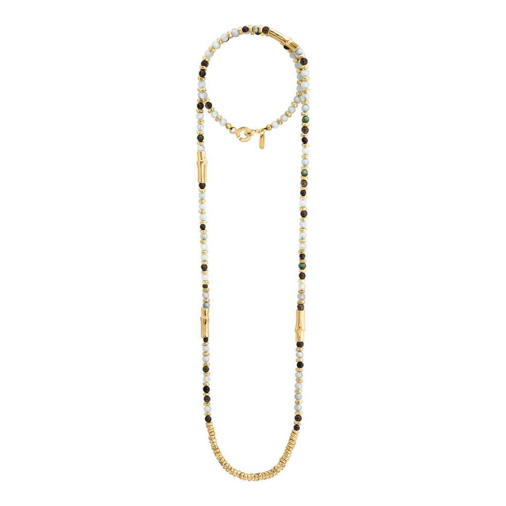 Collar de 114cm, en baño de oro 22K, con secuencias de piedras de 6mm y cuatro piezas con forma de bambú - Joyería y bisutería fina
