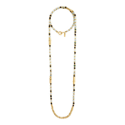 Collar de 114cm, en baño de oro 22K, con secuencias de piedras de 6mm y cuatro piezas con forma de bambú - Joyería y bisutería fina