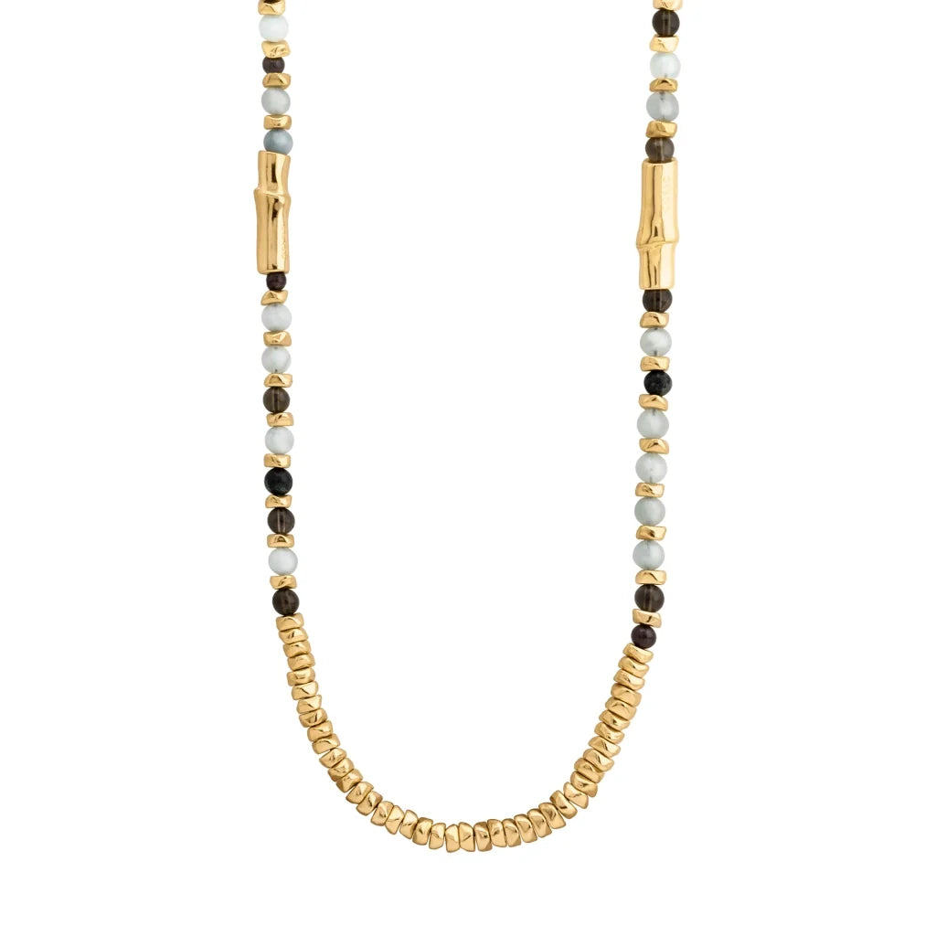 Collar de 114cm, en baño de oro 22K, con secuencias de piedras de 6mm y cuatro piezas con forma de bambú - Joyería y bisutería fina