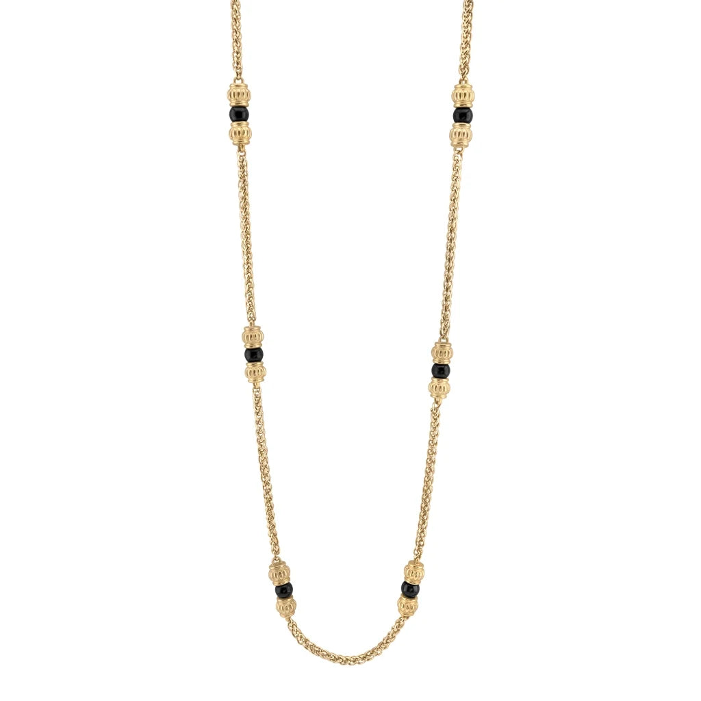 Collar de 62.5cm, con piedras de 6mm, con coronas y cadena de torzal dorada - Joyería y bisutería fina