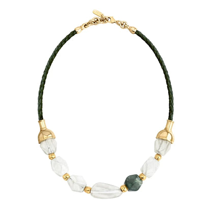 Collar de 23cm con cuentas geométricas, con 6 cuarzos, copas doradas y trenza de 4 hilos en piel natural de borrego - Joyería y bisutería fina