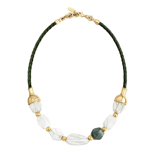 Collar de 23cm con cuentas geométricas, con 6 cuarzos, copas doradas y trenza de 4 hilos en piel natural de borrego - Joyería y bisutería fina