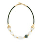 Collar de 23cm con cuentas geométricas, con 6 cuarzos, copas doradas y trenza de 4 hilos en piel natural de borrego - Joyería y bisutería fina