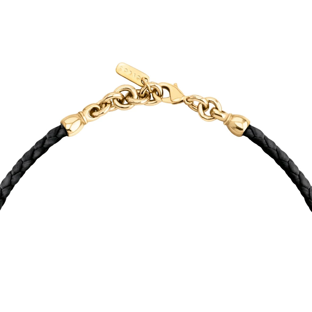 Collar de 23cm con cuentas geométricas, con 6 cuarzos, copas doradas y trenza de 4 hilos en piel natural de borrego - Joyería y bisutería fina
