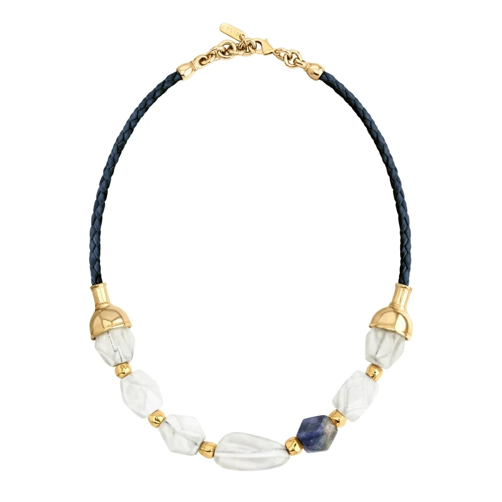 Collar de 23cm con cuentas geométricas, con 6 cuarzos, copas doradas y trenza de 4 hilos en piel natural de borrego - Joyería y bisutería fina