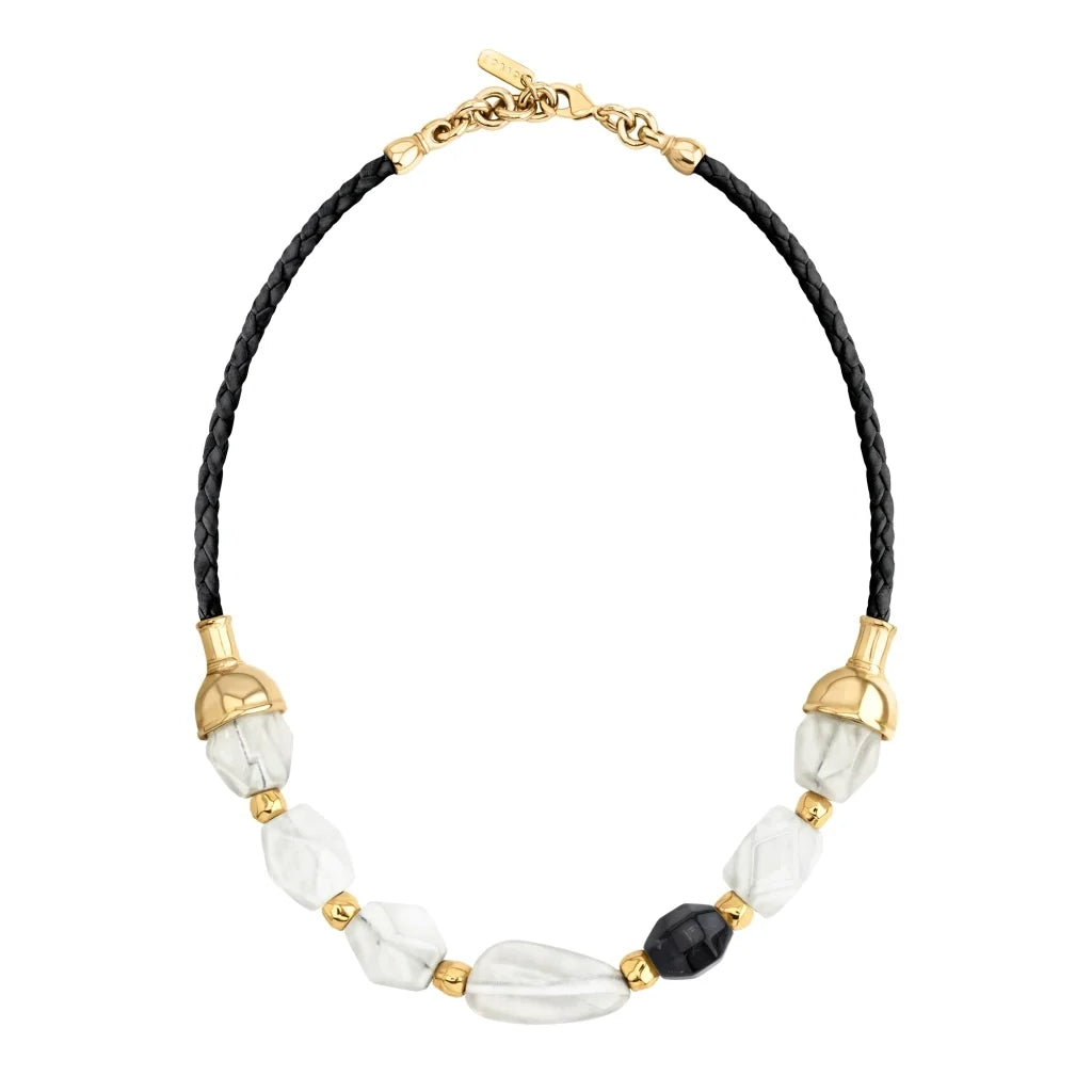 Collar de 23cm con cuentas geométricas, con 6 cuarzos, copas doradas y trenza de 4 hilos en piel natural de borrego - Joyería y bisutería fina