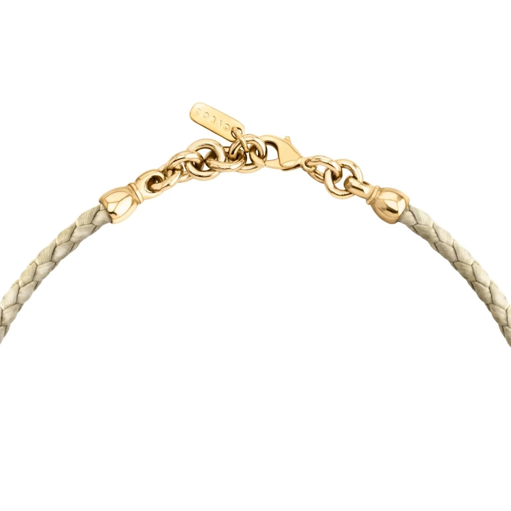 Collar de 23cm con cuentas geométricas, con 6 cuarzos, copas doradas y trenza de 4 hilos en piel natural de borrego - Joyería y bisutería fina
