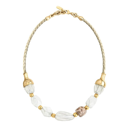 Collar de 23cm con cuentas geométricas, con 6 cuarzos, copas doradas y trenza de 4 hilos en piel natural de borrego - Joyería y bisutería fina