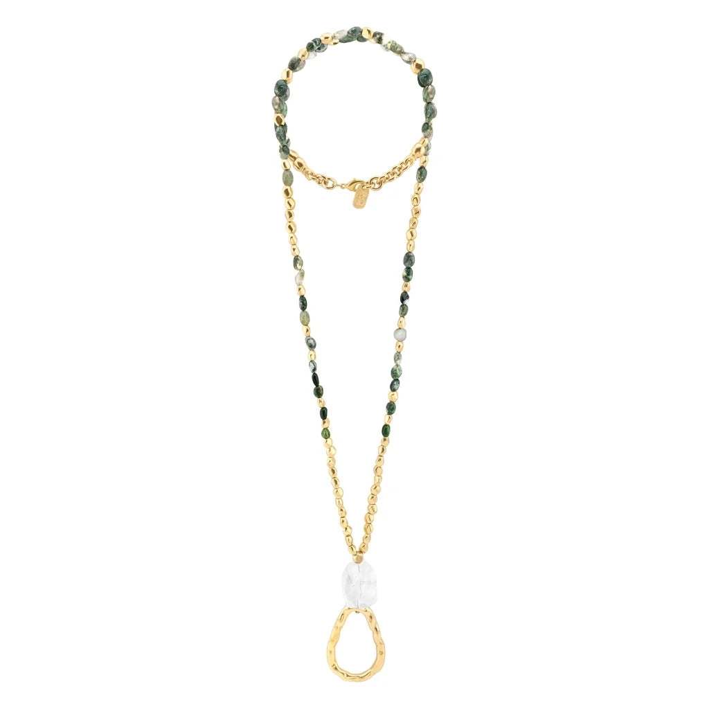 Collar de 52cm, con cuarzos, piedra natural, cuentas facetadas y dije en baño de oro 22K - Joyería y bisutería fina