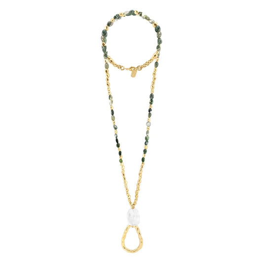 Collar de 52cm, con cuarzos, piedra natural, cuentas facetadas y dije en baño de oro 22K - Joyería y bisutería fina