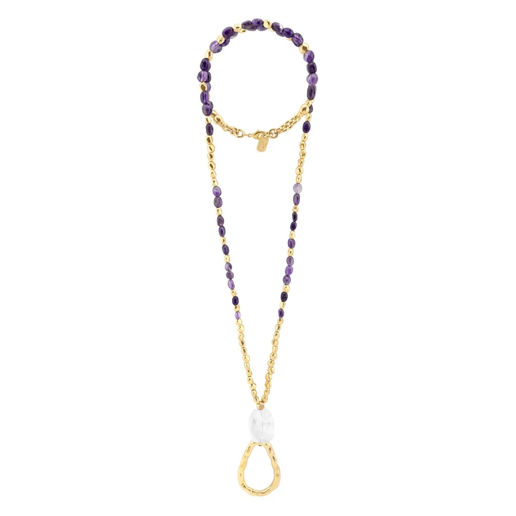 Collar de 52cm, con cuarzos, piedra natural, cuentas facetadas y dije en baño de oro 22K - Joyería y bisutería fina