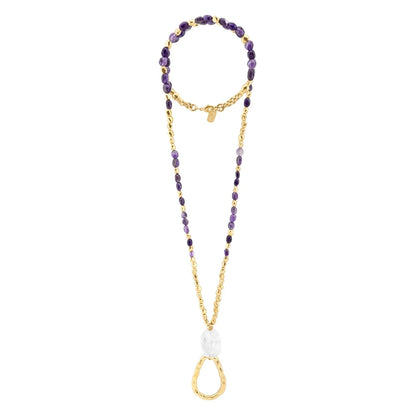 Collar de 52cm, con cuarzos, piedra natural, cuentas facetadas y dije en baño de oro 22K - Joyería y bisutería fina