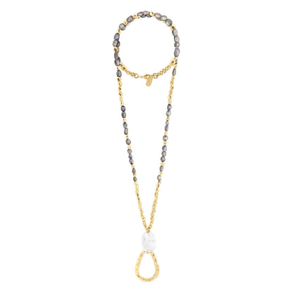 Collar de 52cm, con cuarzos, piedra natural, cuentas facetadas y dije en baño de oro 22K - Joyería y bisutería fina