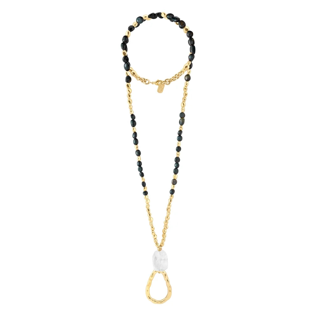 Collar de 52cm, con cuarzos, piedra natural, cuentas facetadas y dije en baño de oro 22K - Joyería y bisutería fina