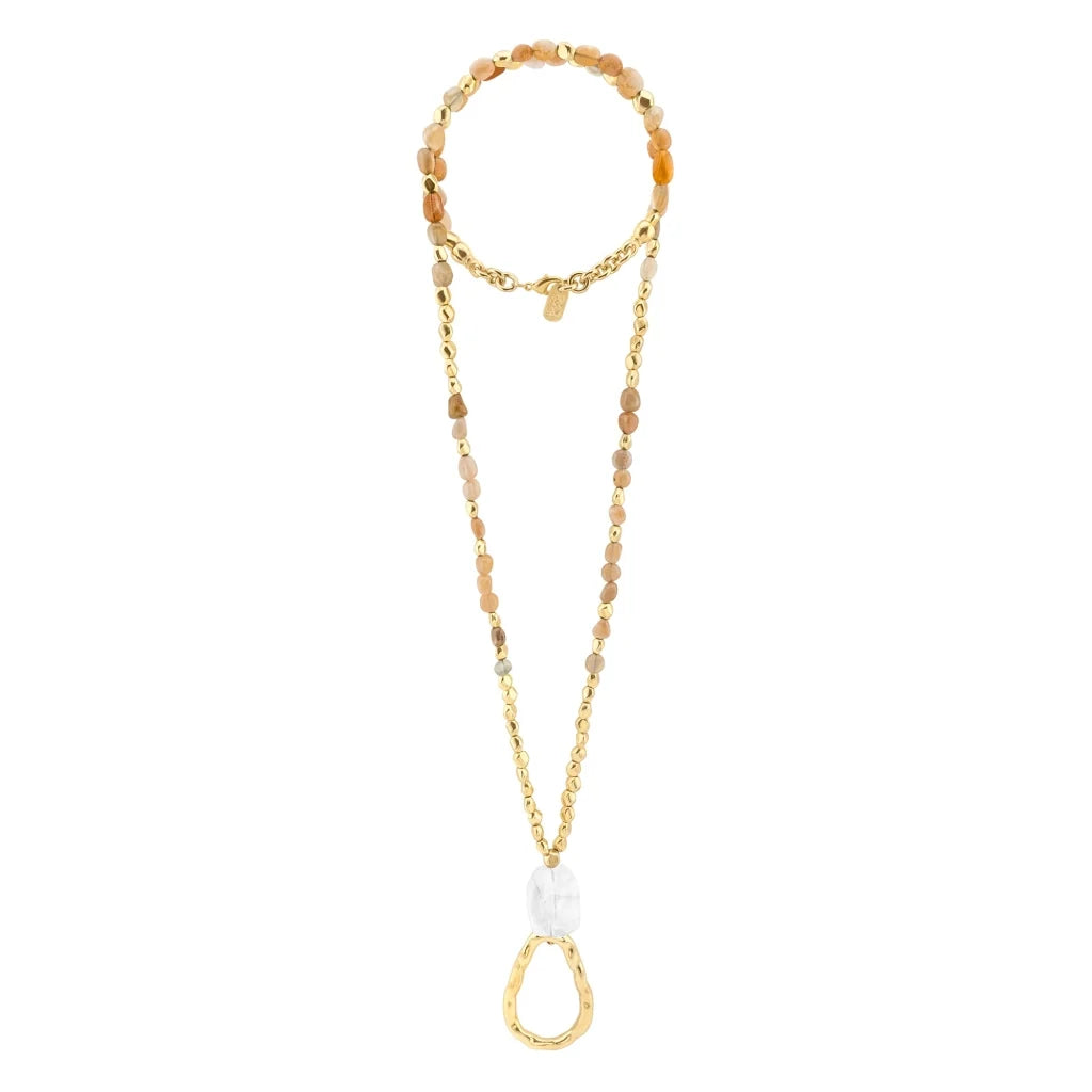 Collar de 52cm, con cuarzos, piedra natural, cuentas facetadas y dije en baño de oro 22K - Joyería y bisutería fina