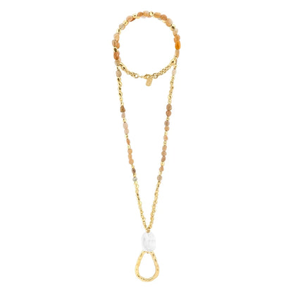Collar de 52cm, con cuarzos, piedra natural, cuentas facetadas y dije en baño de oro 22K - Joyería y bisutería fina