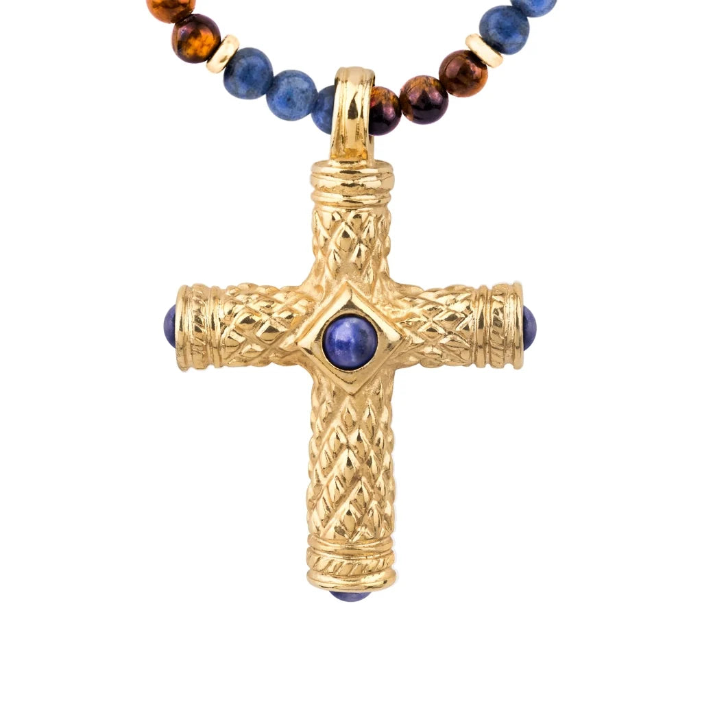 Collar de 39cm, con piedras de 4mm, con dije de cruz y mini donas en terminado de acero anticado bañado en oro de 22K - Joyería y bisutería fina
