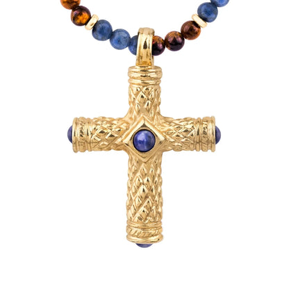Collar de 39cm, con piedras de 4mm, con dije de cruz y mini donas en terminado de acero anticado bañado en oro de 22K - Joyería y bisutería fina
