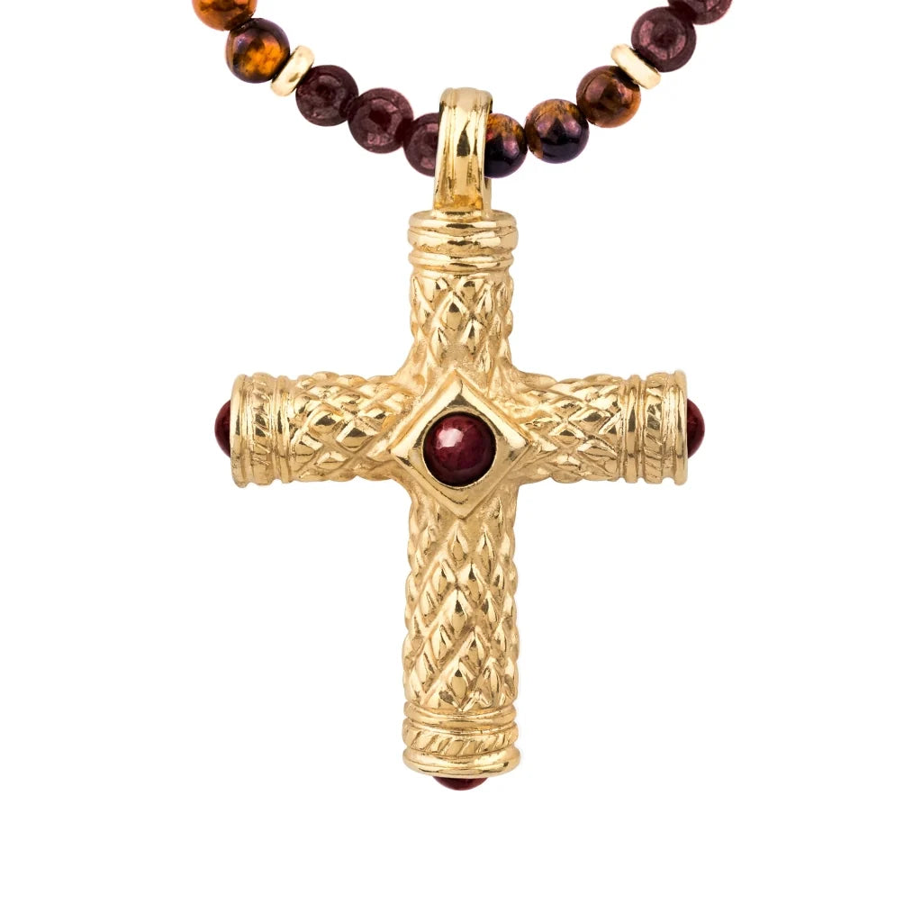 Collar de 39cm, con piedras de 4mm, con dije de cruz y mini donas en terminado de acero anticado bañado en oro de 22K - Joyería y bisutería fina