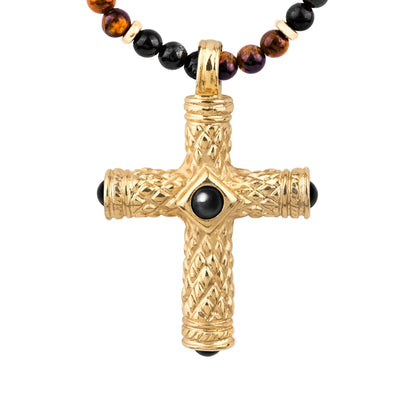Collar de 39cm, con piedras de 4mm, con dije de cruz y mini donas en terminado de acero anticado bañado en oro de 22K - Joyería y bisutería fina