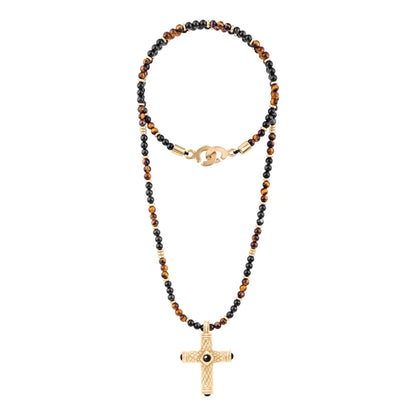 Collar de 39cm, con piedras de 4mm, con dije de cruz y mini donas en terminado de acero anticado bañado en oro de 22K - Joyería y bisutería fina