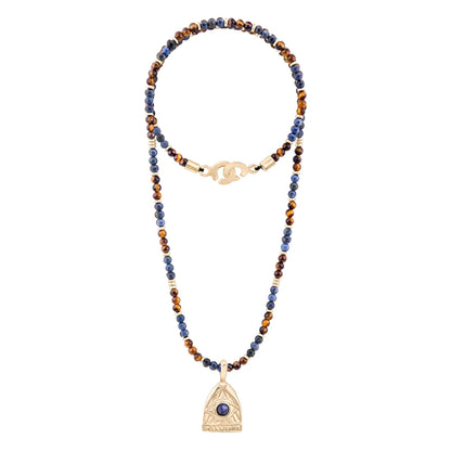 Collar de 39cm con piedras de 4mm, mini donas en acero, dije de ojo terminado en acero anticado bañado en oro 22K - Joyería y bisutería fina