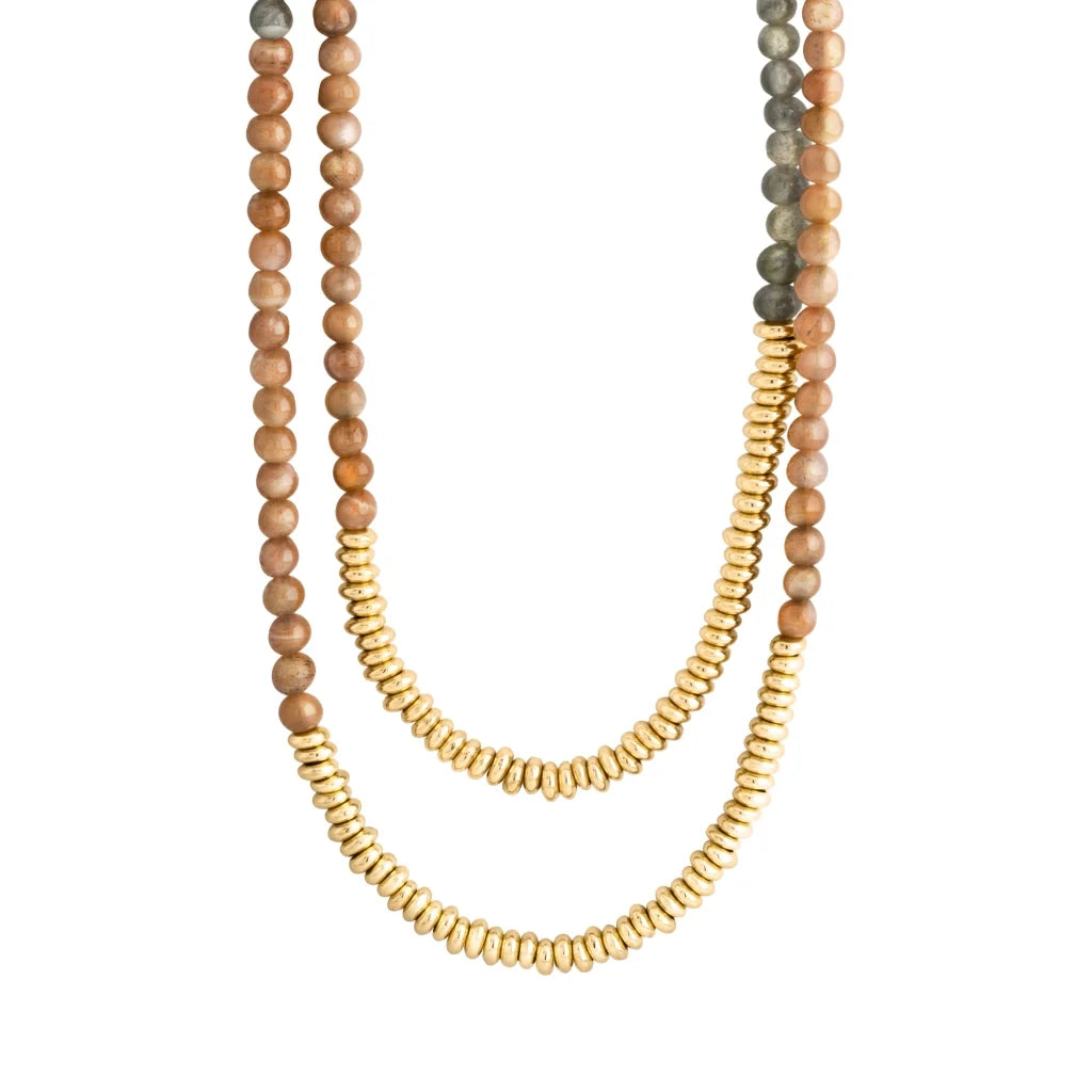 Collar doble de 100cm, con piedras de 6mm y cuentas en baño de oro 22K - Joyería y bisutería fina