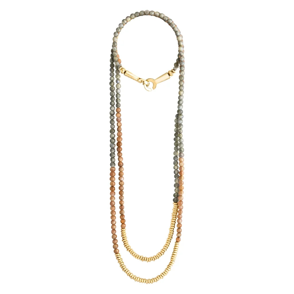 Collar doble de 100cm, con piedras de 6mm y cuentas en baño de oro 22K - Joyería y bisutería fina