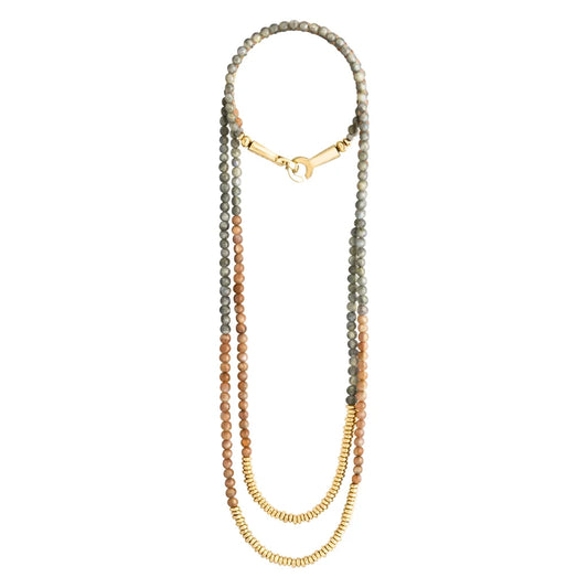 Collar doble de 100cm, con piedras de 6mm y cuentas en baño de oro 22K - Joyería y bisutería fina