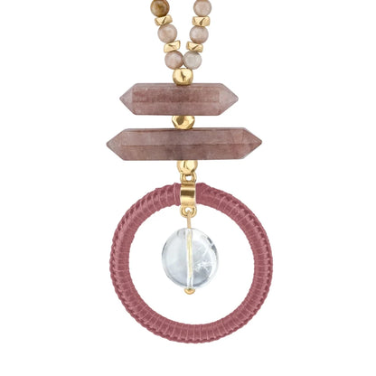 Collar de 49cm, con piedras de 6mm, trenza de 4 hilos de piel natural de borrego, con donas doradas y cuarzo - Joyería y bisutería fina