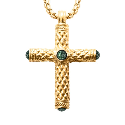 Collar de 54cm con eslabones y dije de cruz en acero con baño de oro de 22K, con piedras de 8mm - Joyería y bisutería fina