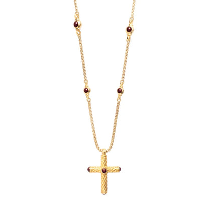 Collar de 54cm con eslabones y dije de cruz en acero con baño de oro de 22K, con piedras de 8mm - Joyería y bisutería fina