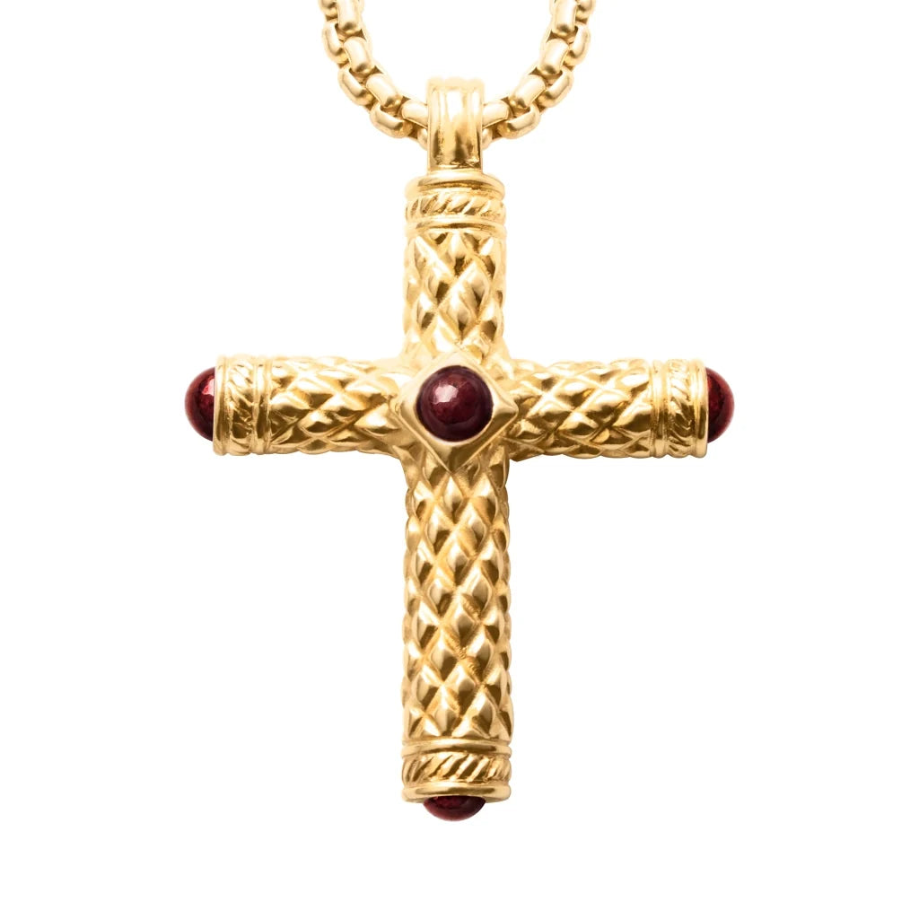 Collar de 54cm con eslabones y dije de cruz en acero con baño de oro de 22K, con piedras de 8mm - Joyería y bisutería fina